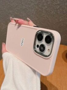 1 Piece Solid Color Silicone Phone Case, Luxury Electroplated Lens Frame LOGO Soft Case, Compatible With IPhone 15pro Max/14/13/12/11 - Hồng - Xem 2
