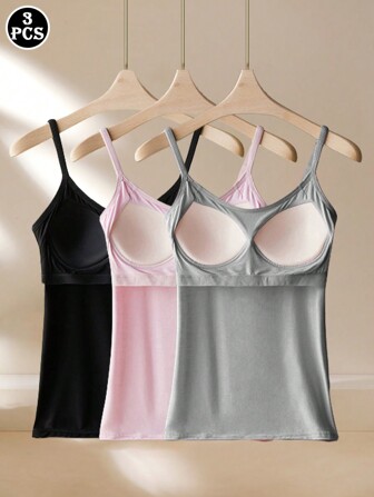 3pcs/Set Women's Basic Camisole Tank Tops With Built-In Padded Bra, Workout