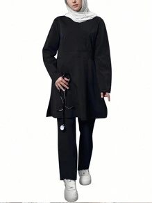 cimmuovere Uniform Set Black V-Neck Belted Long Sleeve Trousers Scrubs