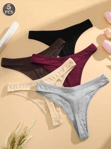 FINETOO 5pcs/Pack Women's Solid V-Shaped Waist Comfortable Casual Minimalist Basic Sexy Thong - Multicolor - View 4