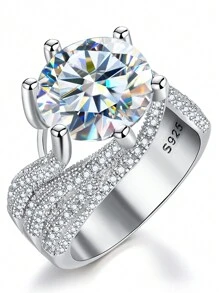 1Pc Romantic 5CT Round Moissanite Diamond Engagement Rings S925 Sterling Silver Wedding Band For Women Promise Eternity Ring Anniversary Valentine's Day Bridal Jewelry Gift Suitable For Holiday Dates Party - Silver - View 2