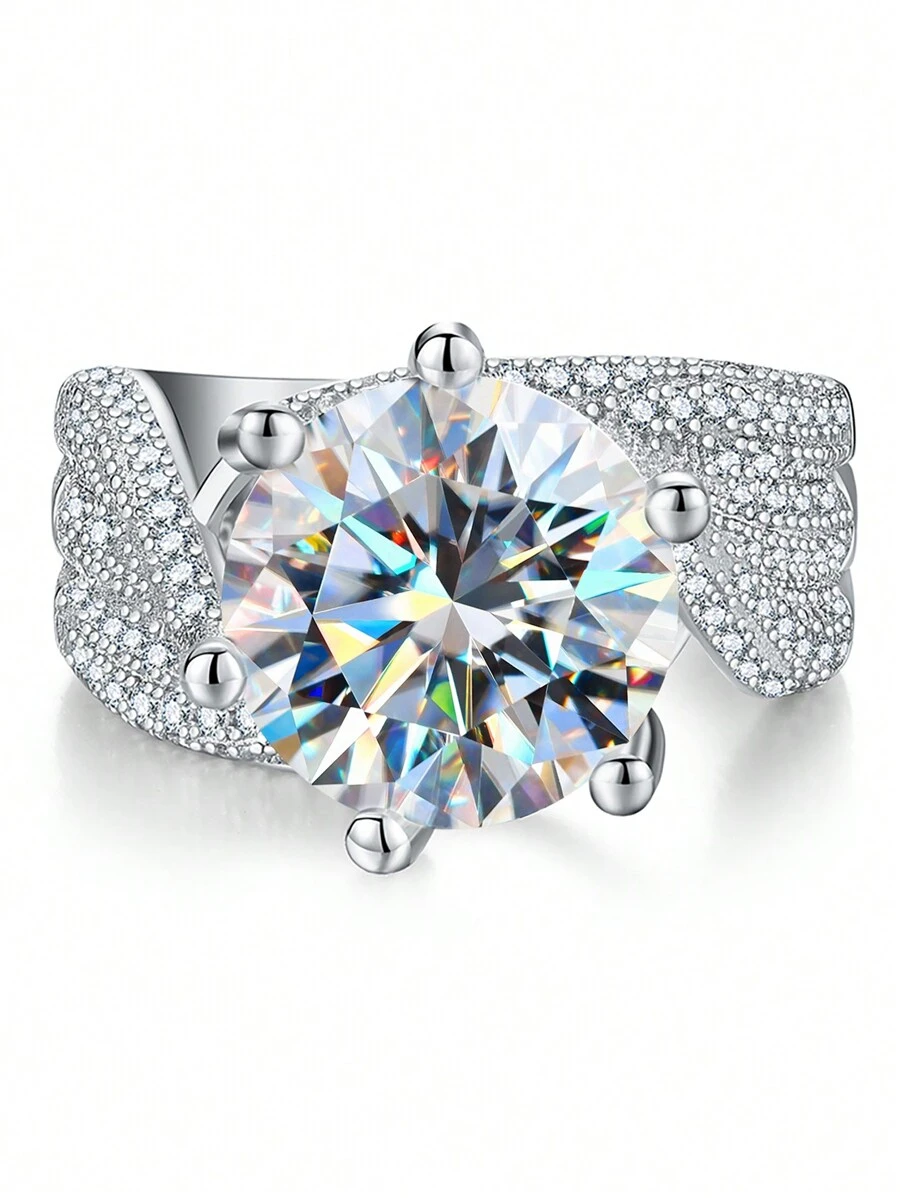 1Pc Romantic 5CT Round Moissanite Diamond Engagement Rings S925 Sterling Silver Wedding Band For Women Promise Eternity Ring Anniversary Valentine's Day Bridal Jewelry Gift Suitable For Holiday Dates Party - Silver - View 1