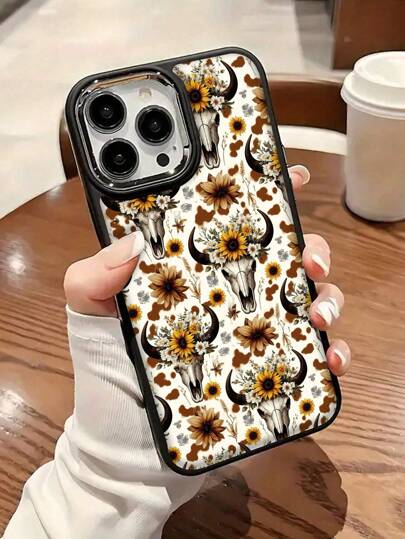 Flower Phone Case Cow Skull Sunflower Pattern Liquid Silicone Mobile Phone Case Full-Body Protection Shockproof Anti-Fall TPU Soft Rubber Case Compatible With IPhone