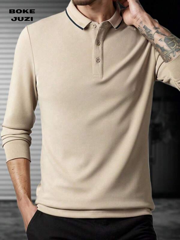 Manfinity Homme Men's Solid Color Button Front Casual Long Sleeve Polo Shirt