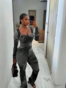 Women's Tie-Dye Square Neck Long Sleeve Sexy Mesh Bodysuit - Dark Grey - View 3