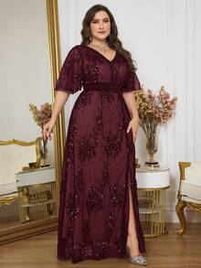 Plus Size Burgundy V-Neck Long Dress With Ruffle Sleeves And Sequin Decor