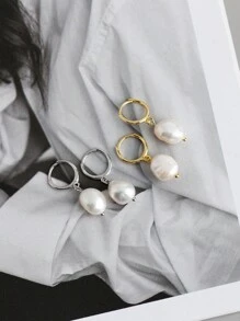 1 Pair 925 Sterling Silver Earrings With Natural Baroque Pearl, Simple & Versatile Freshwater Pearl Earrings Suitable For Daily Wear For Women - Silver - View 4