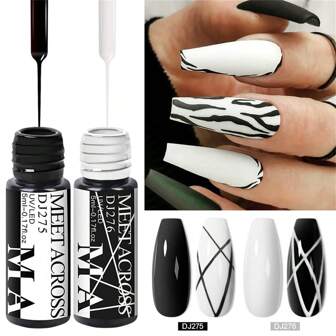 MEET ACROSS 2-delars gelnagellackset, inkluderar spindelögonpenna och 5 ml svartvitt gelnagellack, lämplig för gör-det-själv fransk manikyr på sommaren, kan användas för att rita virvelmönster i nagelkonst, avtagbart nagellack, inbyggd fin borste, set med nagelkonsttillbehör, lämplig för manikyrsalong hemma eller som present till kvinnor