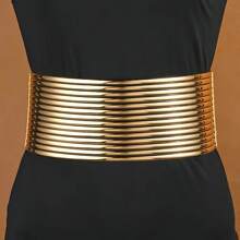 Fashionable Gold And Silver Zinc Alloy Wide Belt For Women, Thickened Casual Elastic Belt For Women's Waist Decoration, Suitable For Women's Daily Wear With Dresses