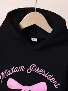 年轻女孩大粉色蝴蝶结蝴蝶图案字母印花羊毛休闲运动服连帽衫和裤子套装，秋冬 - 黑色 - 查看 6