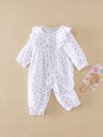 Mono de niña bebé con estampado floral todo sobre, fruncido y dulce, para otoño/invierno