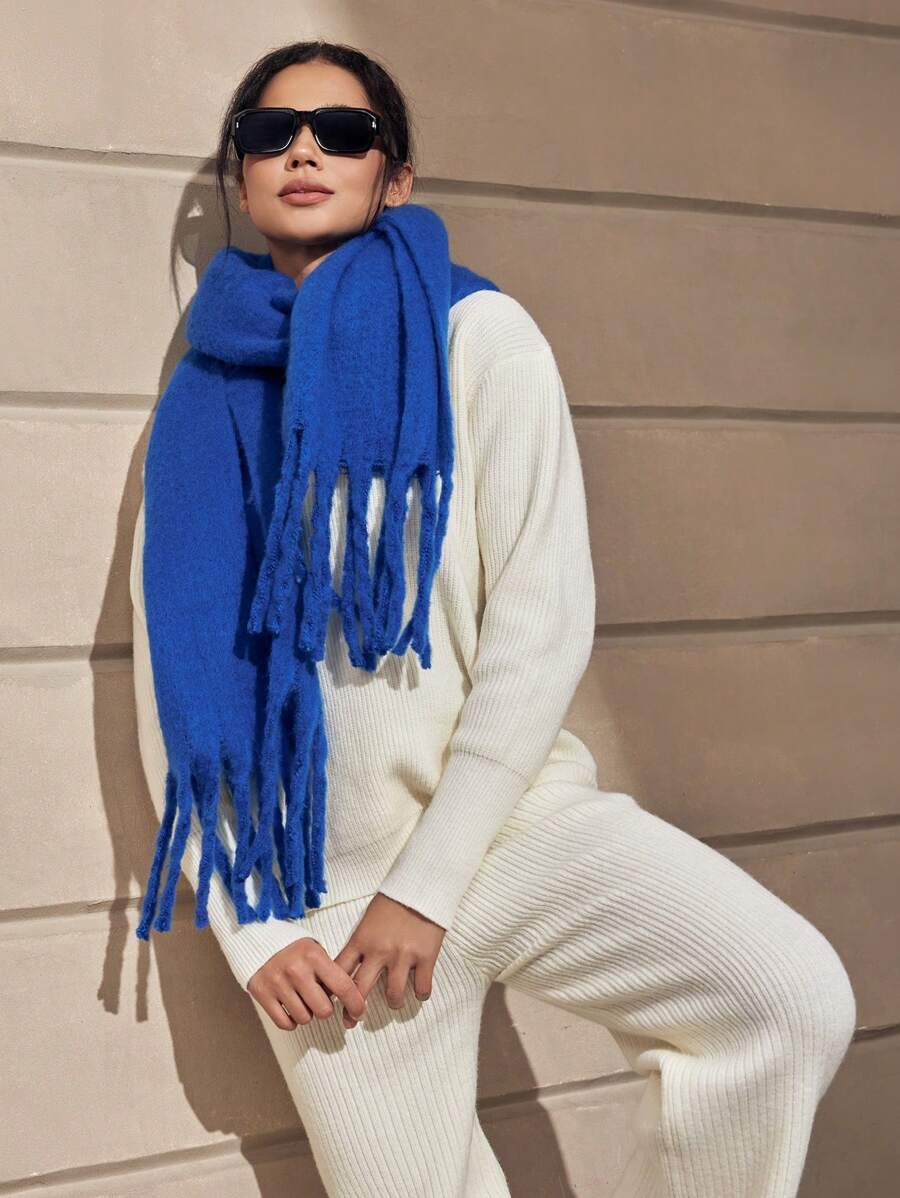 1pc Solid Women Scarf With Tassel Hem For Outdoor Activities, Windproof & Warm Shawl , Suitable For Daily Use - Sapphire - View 1