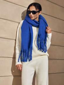 1pc Solid Women Scarf With Tassel Hem For Outdoor Activities, Windproof & Warm Shawl , Suitable For Daily Use - Sapphire - View 2