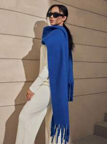 1pc Solid Women Scarf With Tassel Hem For Outdoor Activities, Windproof & Warm Shawl , Suitable For Daily Use - Sapphire - View 3