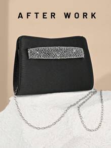 女士优雅缎面手拿包、水钻装饰派对手提包、浪漫婚礼钱包、高端迷你晚礼服包，适合正式派对、舞会、圣诞晚会 - 黑色 - 查看 3