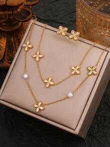 4 件套锁骨链、手链、耳环组合、人造珍珠配锆石、奢华珠宝套装 - 套裝 - 查看 9