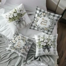 4pcs 17.7"X17.7" (45x45cm) Simple Plaid & Floral Print Cushion Covers (Single-Sided Printing), Suitable For Home Decor, Sofa, Bedroom, Car Pillow Covers (Inner Pillow Not Included)
