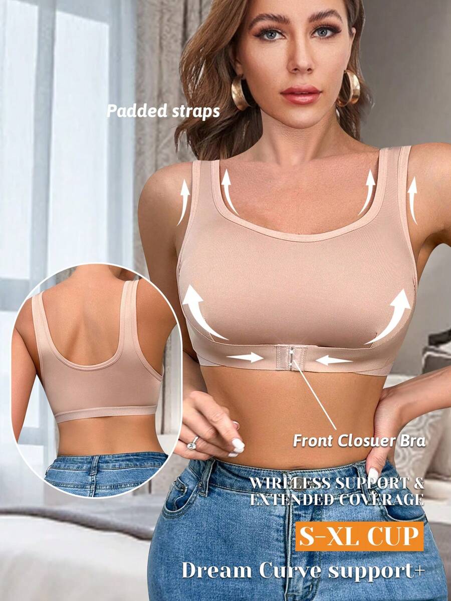 Women's Solid Color Casual Front-Fastening Brassiere - Apricot - View 1