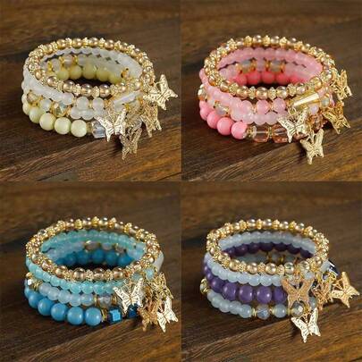 Bộ 4 vòng tay hạt cườm hình bướm phong cách Bohemian, Bộ phụ kiện thời trang dành cho bé gái theo chủ đề bướm, Làm thủ công, Hạt cườm lấp lánh, Có thể điều chỉnh, Quà tặng sinh nhật cho thanh thiếu niên.