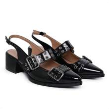 Women's Pointed Toe Slingback Pumps Shoes With Metal Buckles And Eyelets Low Heel Elegance And Comfort - 黑色 - 查看 1