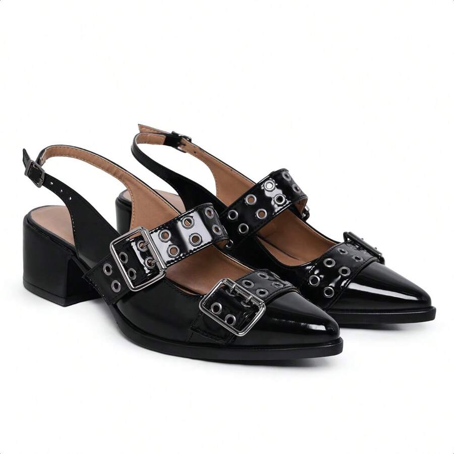 Women's Pointed Toe Slingback Pumps Shoes With Metal Buckles And Eyelets Low Heel Elegance And Comfort - 黑色 - 查看 1