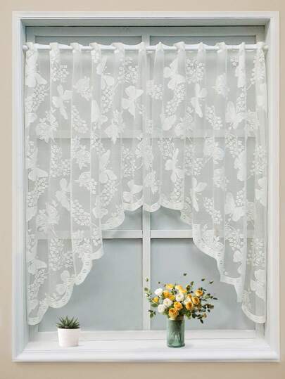 1 st Enfärgad fjärilsblommig halvgardin skiljeskärm, modern enkel stil köksfönstergardin, lätt andas genomskinlig integritet, lämplig för vardagsrum, kök etc.