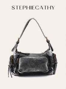 STEPHIECATHY 复古学院风女士单肩包，水洗PU皮革材质，拉链封口，多口袋设计，实用百搭，可斜挎携带，适合日常通勤、大学校园、旅行等多种场合。Y2K风格，2000年代时尚，波西米亚风，女士手提包，精美礼品。 - 彩色 - 查看 14