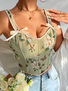1pc Floral Print Fashionable Cami Backless Butterfly Lace-Up Cropped Corset Top, Elegant Design