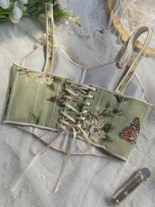 1pc Floral Print Fashionable Cami Backless Butterfly Lace-Up Cropped Corset Top, Elegant Design