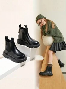 女童休闲蓬松踝靴，学院风拉链平底皮靴，简约儿童低帮靴，适合秋冬季 - 黑色 - 查看 10