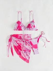 Printed Tie Dye Bikini Set With Swimwear Short Sarong, For Summer Beach Vacation - Multicolor - View 3