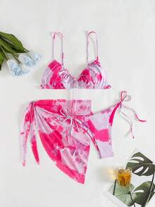Printed Tie Dye Bikini Set With Swimwear Short Sarong, For Summer Beach Vacation - Multicolor - View 1