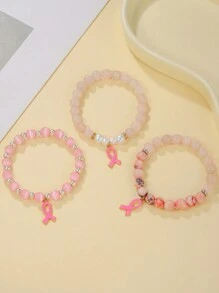 Bộ 3 mặt dây chuyền ngọc trai giả mắt mèo và báo hồng, ruy băng hồng và mặt dây chuyền hợp kim, vòng tay động lực nâng cao nhận thức về ung thư vú cho phụ nữ, món quà tuyệt vời - Hồng - Xem 4