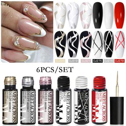 Set di smalto per unghie in gel per linee di pittura, 6 pezzi, con due colori specchio oro e argento, compreso smalto in gel nero, bianco e rosso per