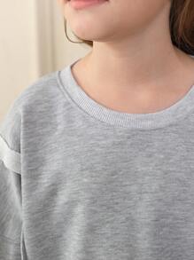 Tween Girl Spring/Autumn Solid Color Minimalist Loose Long Sleeve Sports Sweatshirt - Grey - View 9