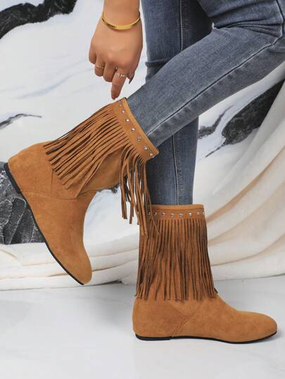 Botas camperas de cuña con tachuelas y flecos, de punta redonda, para mujer. Botas de cowboy minimalistas de color marrón sólido, de moda y versátiles, de media pantorrilla
