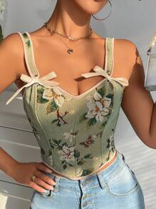 1pc Floral Print Fashionable Cami Backless Butterfly Lace-Up Cropped Corset Top, Elegant Design