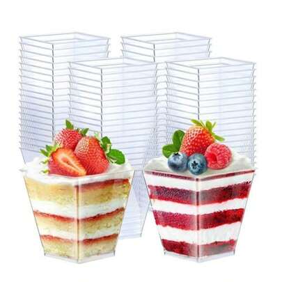 80 Tazas transparentes para mouse de 60ml/150ml, tazas de postre cuadradas de plástico para pasteles, helados, pudines, perfectas para cumpleaños, fiestas, banquetes de bodas y decoraciones