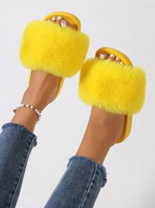 Furry Slippers Faux Fur Slippers Stylish Open Toe Girls Sandals Outdoor Indoor Can Wear Furry Slippers - Màu vàng - Xem 3