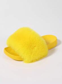 Furry Slippers Faux Fur Slippers Stylish Open Toe Girls Sandals Outdoor Indoor Can Wear Furry Slippers - Màu vàng - Xem 6