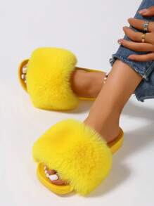 Furry Slippers Faux Fur Slippers Stylish Open Toe Girls Sandals Outdoor Indoor Can Wear Furry Slippers - Màu vàng - Xem 5