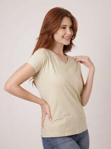 Kit Of 3 Women's Slim Babylook Cotton V-Neck Blouses - Black, Pink And White - Màu be - Xem 3