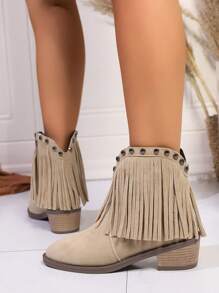 时尚女靴！流苏铆钉装饰，展现独特魅力。短款设计，侧拉链方便穿脱，保暖舒适的保暖内衬。坡跟款式，学生轻松穿搭。时尚潮流与休闲百搭完美结合，秋冬必备单品，让您在人群中脱颖而出，散发独特光彩 - 米色 - 查看 4