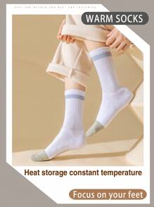 5 双女士条纹厚中筒袜，适合秋冬季，保暖毛巾袜，防臭，透气袜子，学院风运动长袜，纯色，百搭，可搭配打底裤 - 彩色 - 查看 7