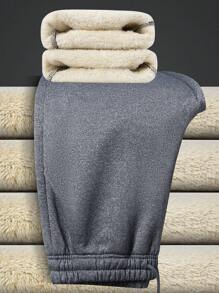 Men's Solid Color Simple Casual Warm Fleece Drawstring Pants, For Fall Winter - Grey - View 1