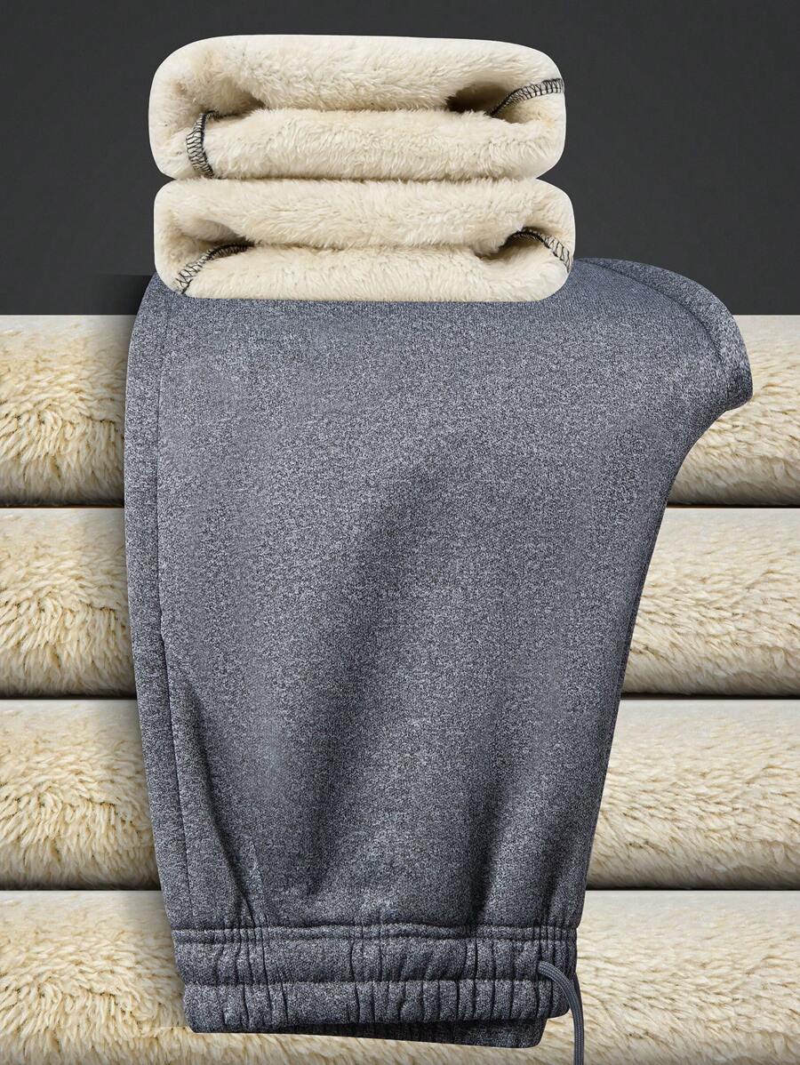 Men's Solid Color Simple Casual Warm Fleece Drawstring Pants, For Fall Winter - Grey - View 1