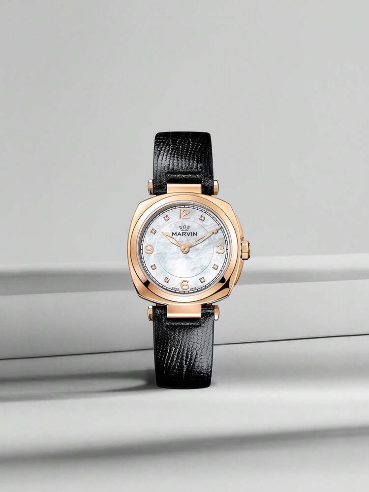 Marvin 女士手表瑞士石英机芯奢华礼品女士正装手表，不锈钢材质，搭配皮革表带和蓝宝石玻璃表盘，50米防水 - 金色 - 查看 1