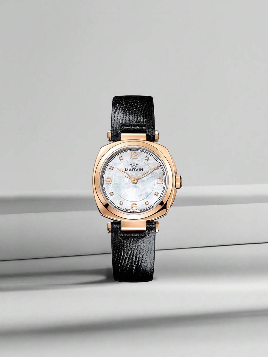 Marvin 女士手表瑞士石英机芯奢华礼品女士正装手表，不锈钢材质，搭配皮革表带和蓝宝石玻璃表盘，50米防水 - 金色 - 查看 1