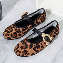 Women's Round Toe Faux Suede Leopard Print Color Block Metal Decor Leather Ballet Flats, Casual Style For Autumn & Winter - Multicolor - View 5