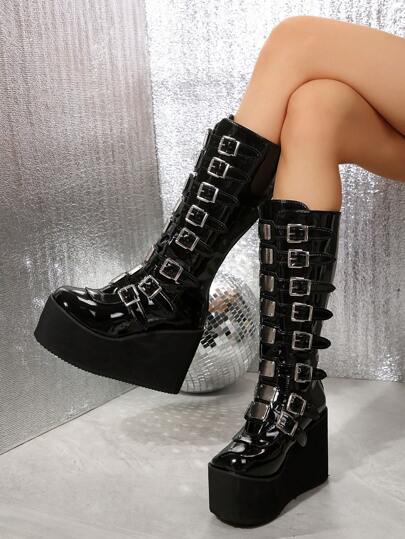 Botas casuales y cálidas negras para mujer, botas de invierno con tacón de cuña, decoración de hebilla punk, elegantes y sexys, ligeras, adecuadas para Halloween, Navidad y fiestas